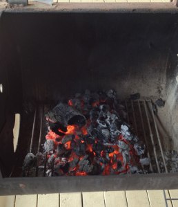 Ohia wood coals in the small chamber of the BBQ grill